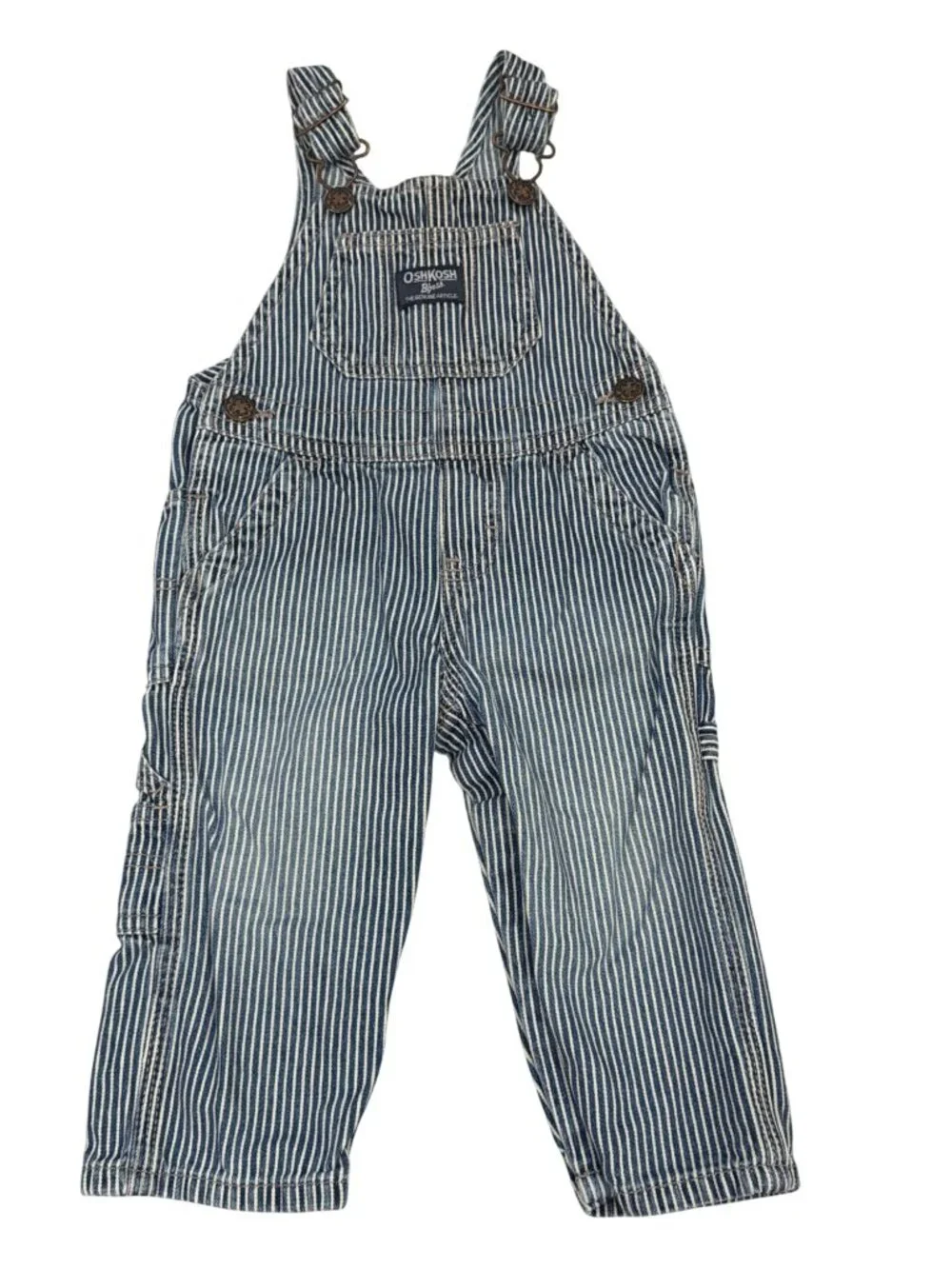 OshKosh Bgosh Blue & White Train Conductor Striped Denim Overalls 12 Months